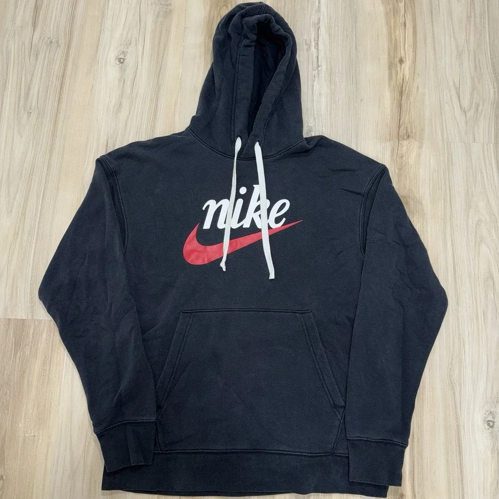 Vintage Nike Black Hoodie Sweatshirt Men's M Red Center Logo Swoosh Black Tag